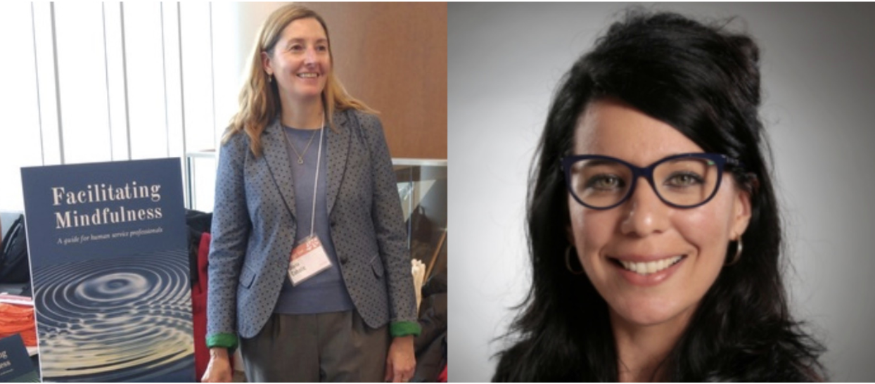 Prof headshot of Dr. Diana Coholic standing with a mindfulness book and Dr. Isabelle Côté smiling in a close-up portrait.