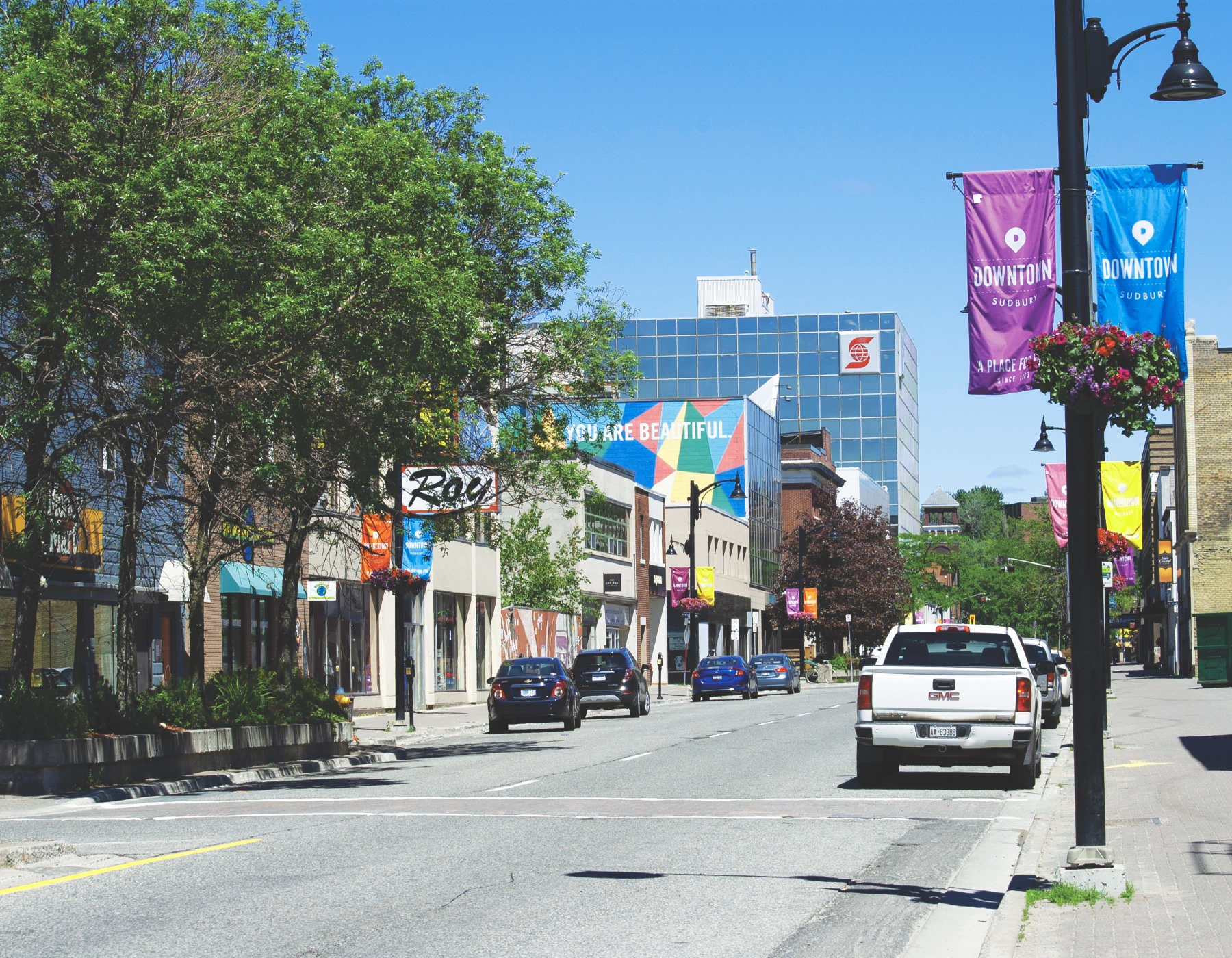 A view looking north up Durham Street from Elgin Street in Sudbury, Ontario.