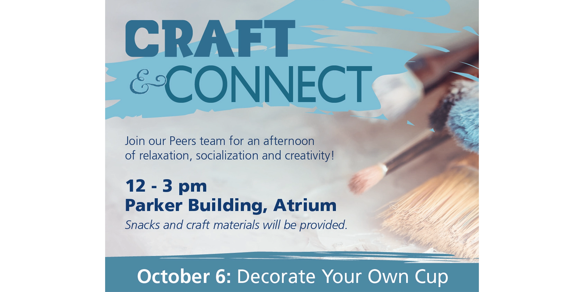 Blue text which reads Craft and Connect, next to a bundle of paintbrushes on a grey background.