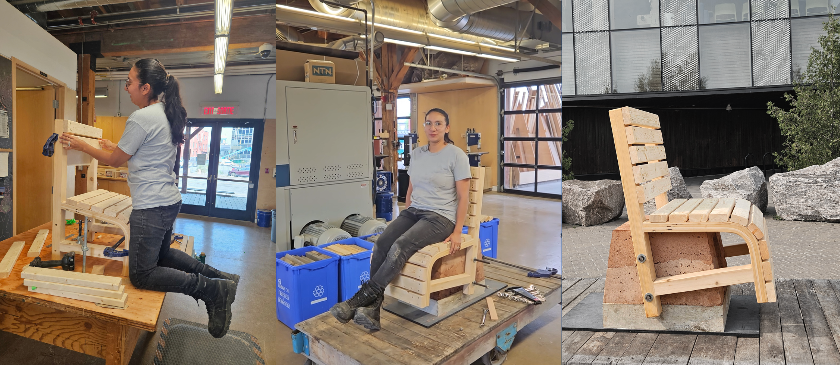 Three-panel collage showing architecture student Michelle Zephyr constructing a wooden chair at the McEwen School of Architecture.