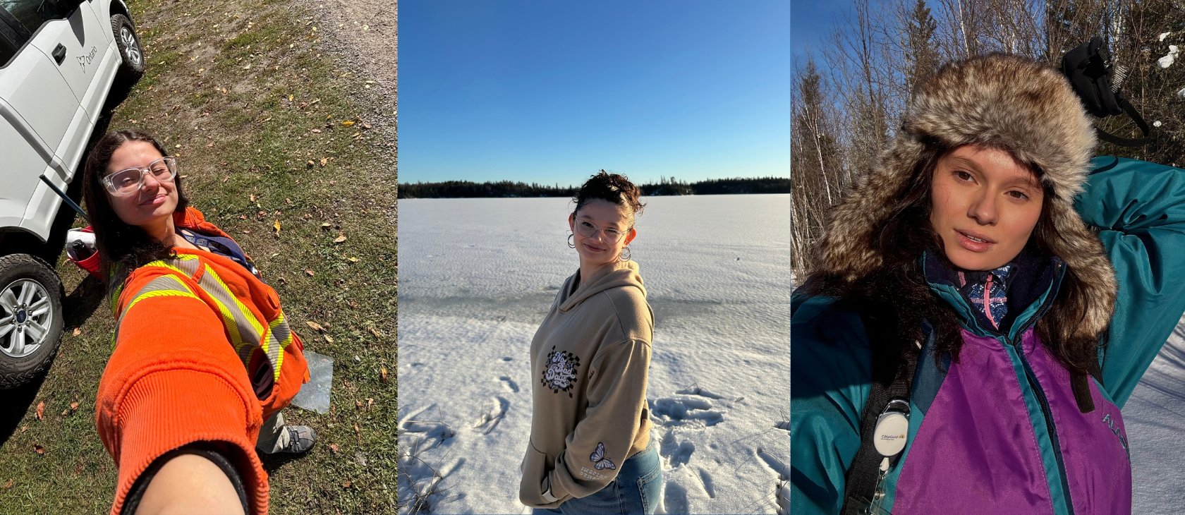 A three-panel photo collage featuring student Inelia Garand: (Left) wearing high-vis gear on a rock collecting trip with the Earth Science Club in Bancroft; (Center) walking outdoors near a frozen Ramsey Lake during her first year; and (Right) hiking Mount Cheminis near her hometown wearing a fur-lined trapper hat.