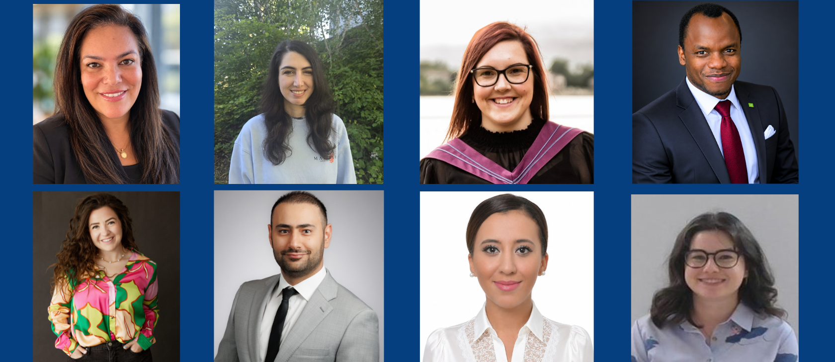 A grid of headshots featuring new Laurentian University faculty members. Top Row (Left to Right): Taryn Michel, Jude Kadri, Molly-Gloria Patel, Francis Olatoye. Bottom Row (Left to Right): Sara Campbell, Iman Sadeghi, Zakia El Yamani, Amelia Ritchie